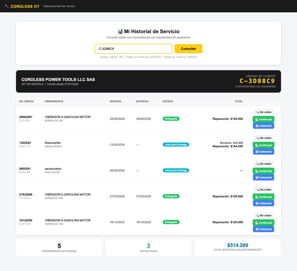 Historial de servicio con trazabilidad